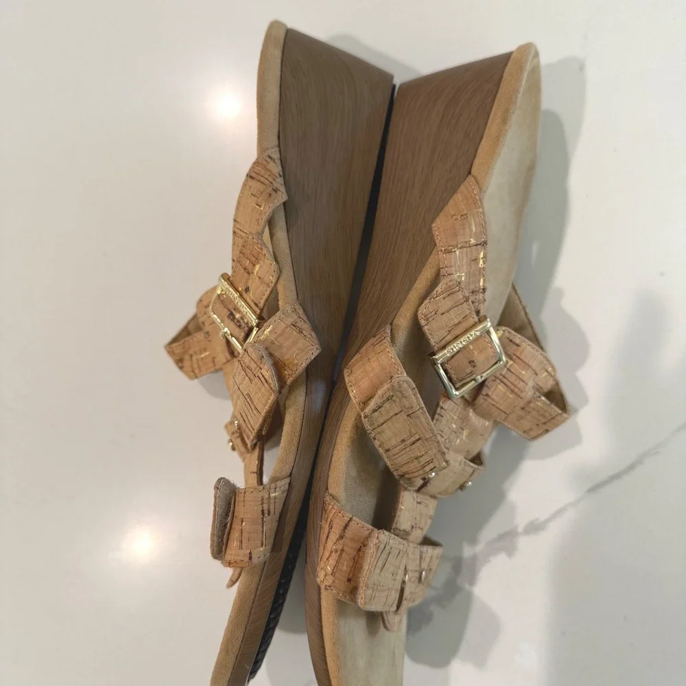 Vionic Radia Cork Gold Metallic Wedge Sandals Womens Size 11 Adjustable Straps